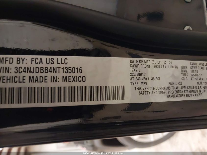 2022 Jeep Compass Latitude 4X4 VIN: 3C4NJDBB4NT135016 Lot: 43977649