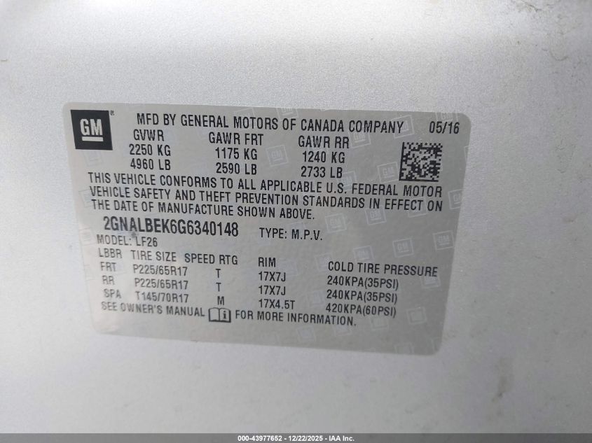 2016 Chevrolet Equinox Ls VIN: 2GNALBEK6G6340148 Lot: 43977652