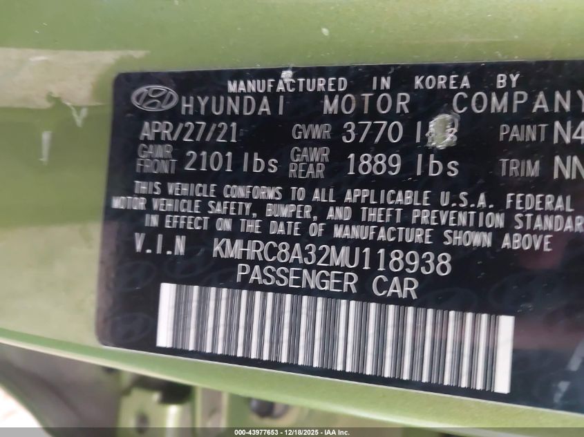 2021 Hyundai Venue Sel VIN: KMHRC8A32MU118938 Lot: 43977653