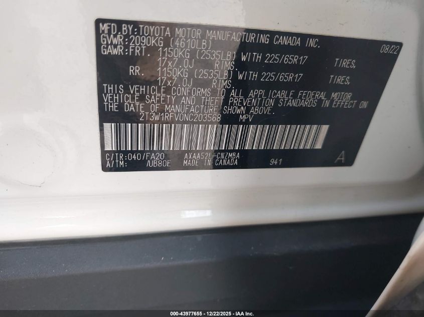 2022 Toyota Rav4 Xle VIN: 2T3W1RFV0NC203568 Lot: 43977655