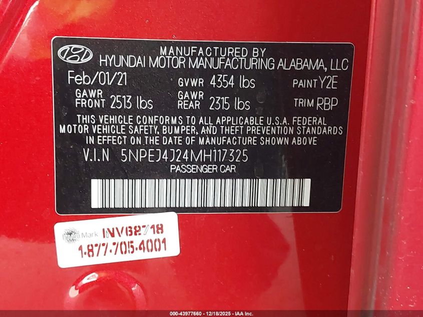 2021 Hyundai Sonata Sel Plus VIN: 5NPEJ4J24MH117325 Lot: 43977660