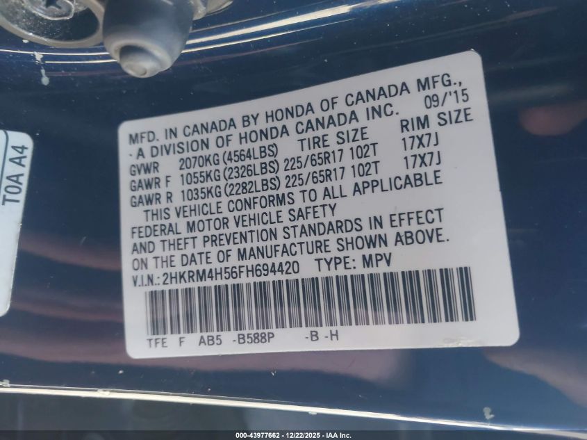 2015 Honda Cr-V Ex VIN: 2HKRM4H56FH694420 Lot: 43977662