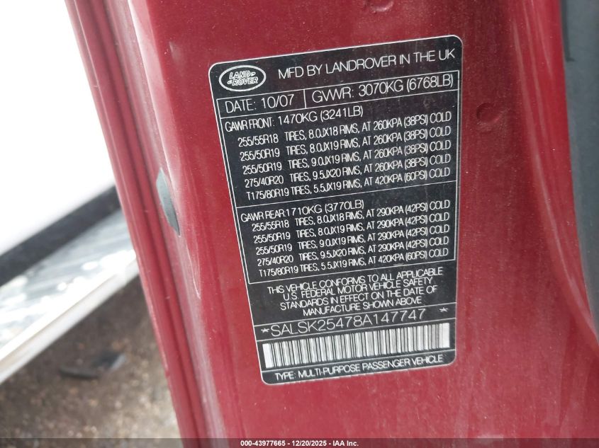 2008 Land Rover Range Rover Sport Hse VIN: SALSK25478A147747 Lot: 43977665