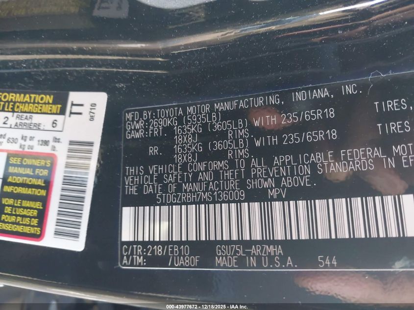 2021 Toyota Highlander Xle VIN: 5TDGZRBH7MS136009 Lot: 43977672