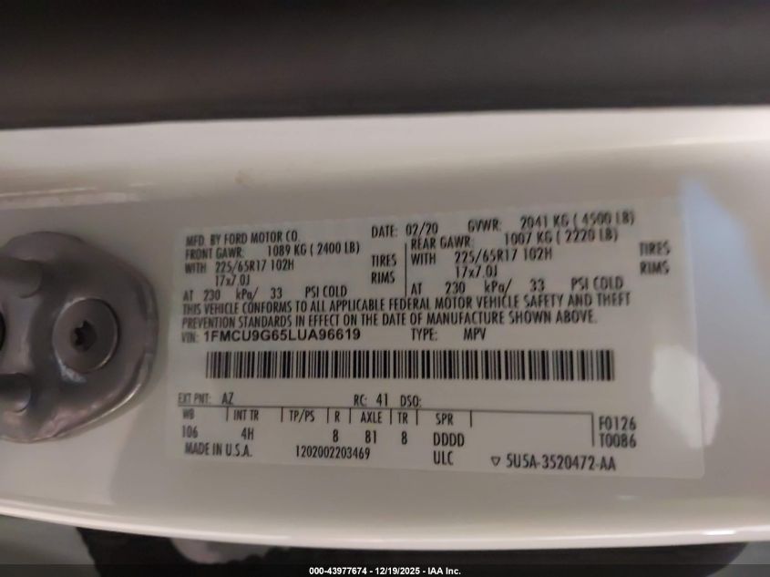 2020 Ford Escape Se VIN: 1FMCU9G65LUA96619 Lot: 43977674