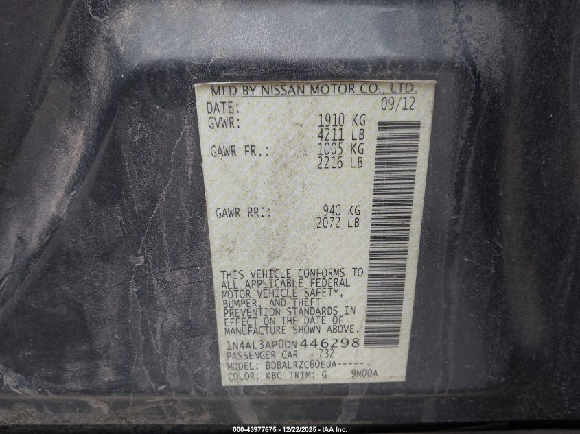 2013 Nissan Altima 2.5 S VIN: 1N4AL3AP0DN446298 Lot: 43977675