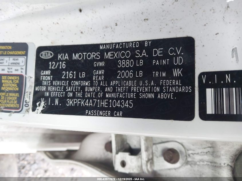 2017 Kia Forte Lx VIN: 3KPFK4A71HE104345 Lot: 43977676