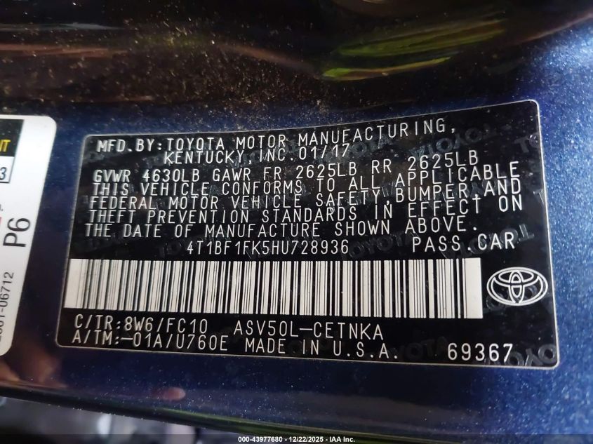 2017 Toyota Camry Le VIN: 4T1BF1FK5HU728936 Lot: 43977680