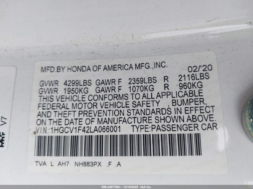 2020 Honda Accord Ex VIN: 1HGCV1F42LA066001 Lot: 43977681