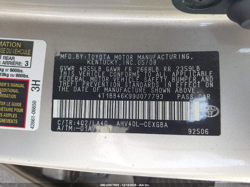 2009 Toyota Camry Hybrid VIN: 4T1BB46K99U077793 Lot: 43977685