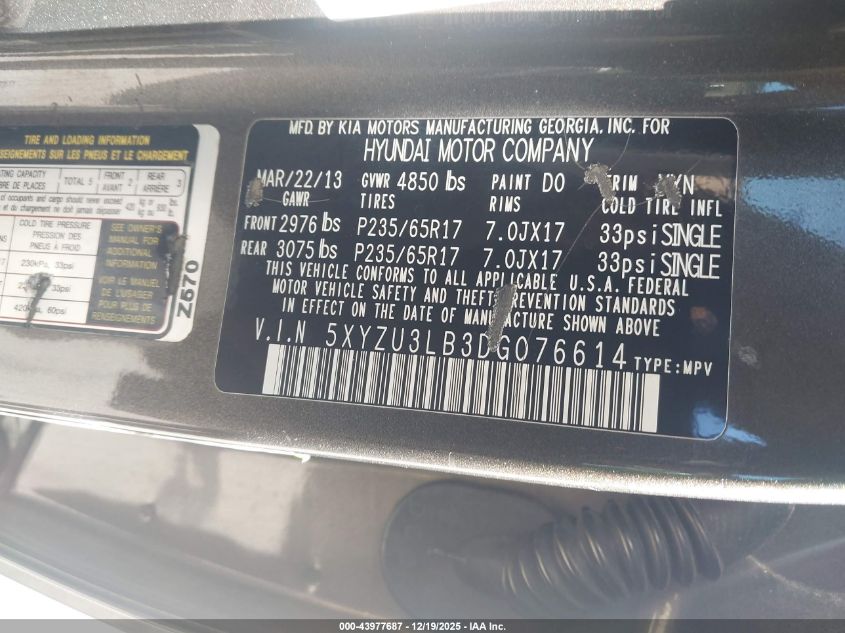 2013 Hyundai Santa Fe Sport VIN: 5XYZU3LB3DG076614 Lot: 43977687