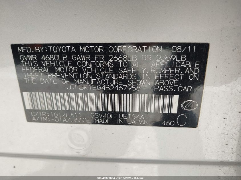 2011 Lexus Es 350 VIN: JTHBK1EG4B2467958 Lot: 43977694