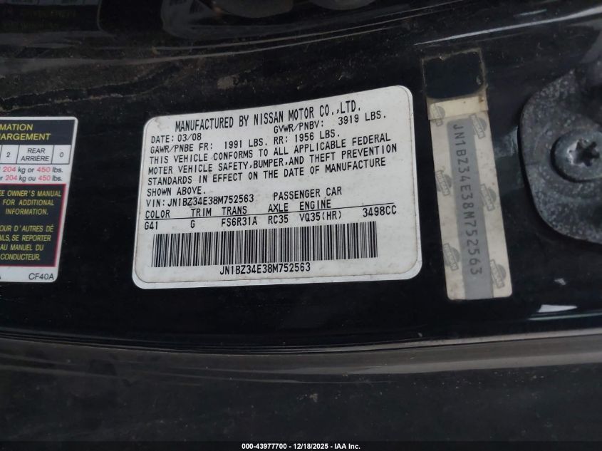 2008 Nissan 350Z Touring VIN: JN1BZ34E38M752563 Lot: 43977700
