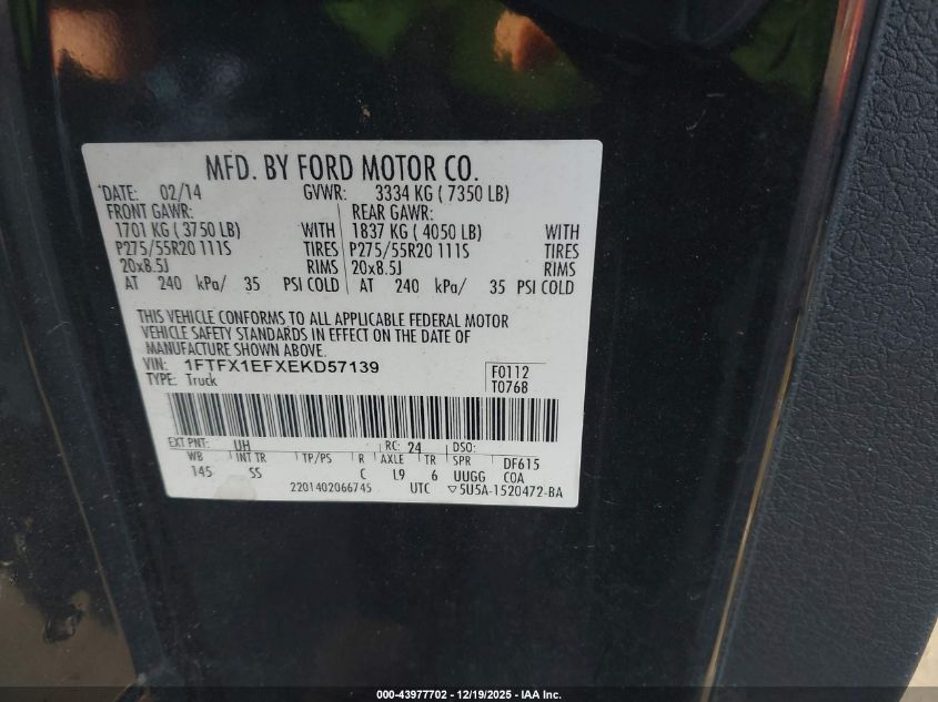 2014 Ford F-150 Stx VIN: 1FTFX1EFXEKD57139 Lot: 43977702