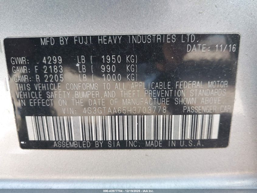 2017 Subaru Impreza 2.0I VIN: 4S3GTAA65H3703778 Lot: 43977704