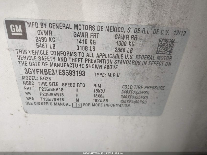 2014 Cadillac Srx Luxury Collection VIN: 3GYFNBE31ES593193 Lot: 43977705