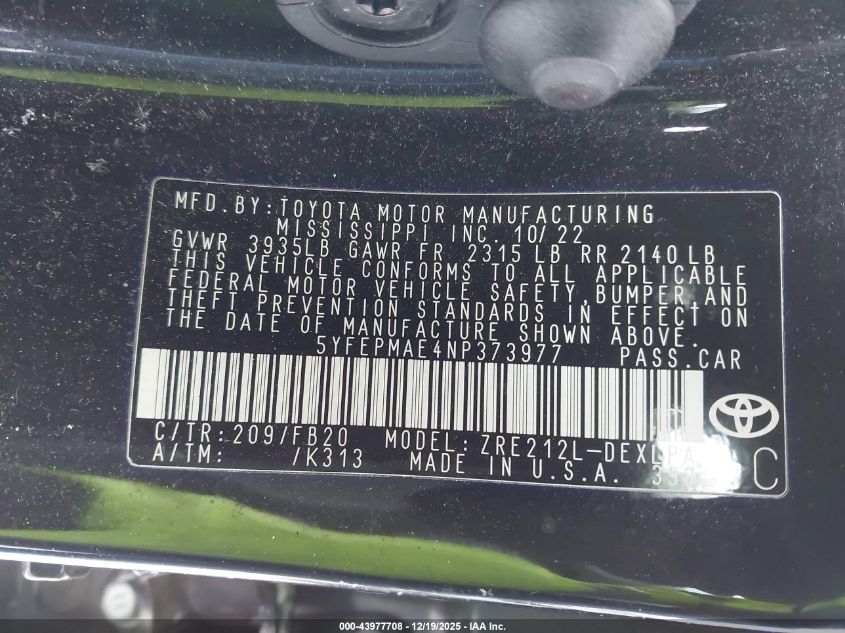 2022 Toyota Corolla Le VIN: 5YFEPMAE4NP373977 Lot: 43977708