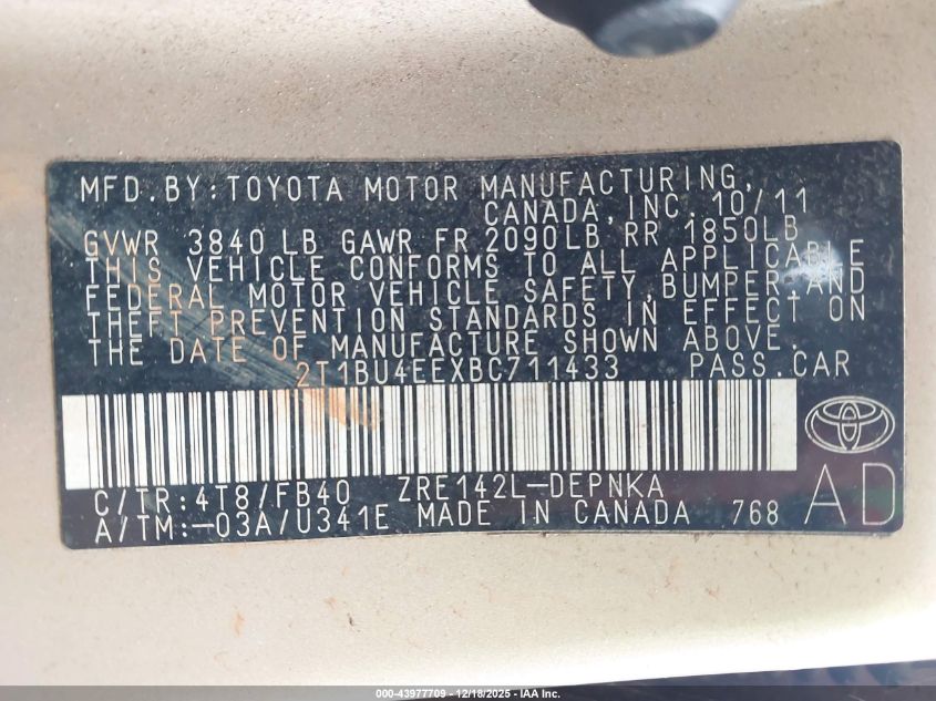 2011 Toyota Corolla Le VIN: 2T1BU4EEXBC711433 Lot: 43977709