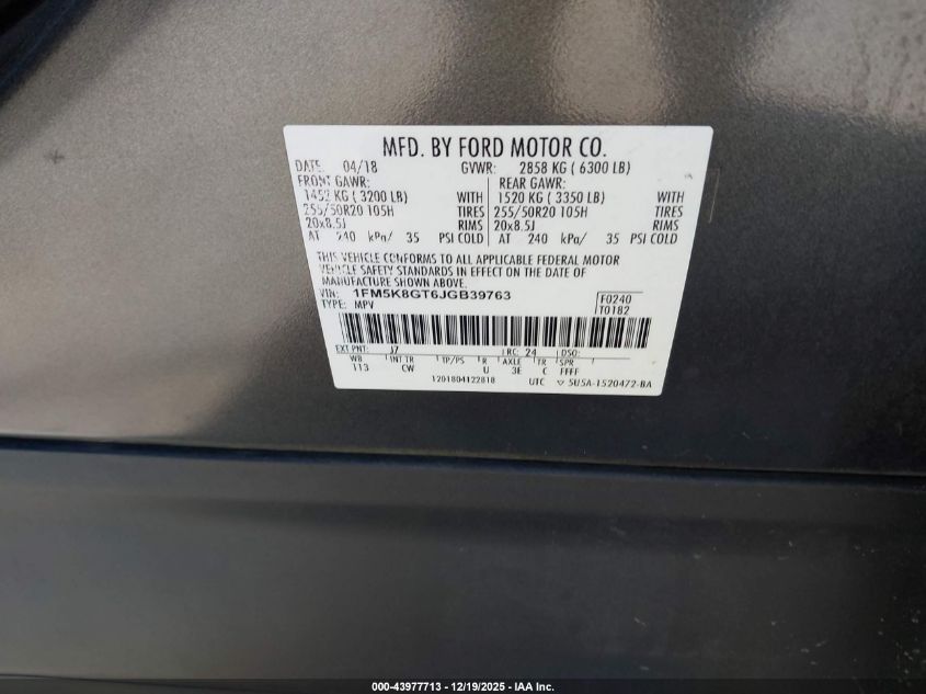 2018 Ford Explorer Sport VIN: 1FM5K8GT6JGB39763 Lot: 43977713