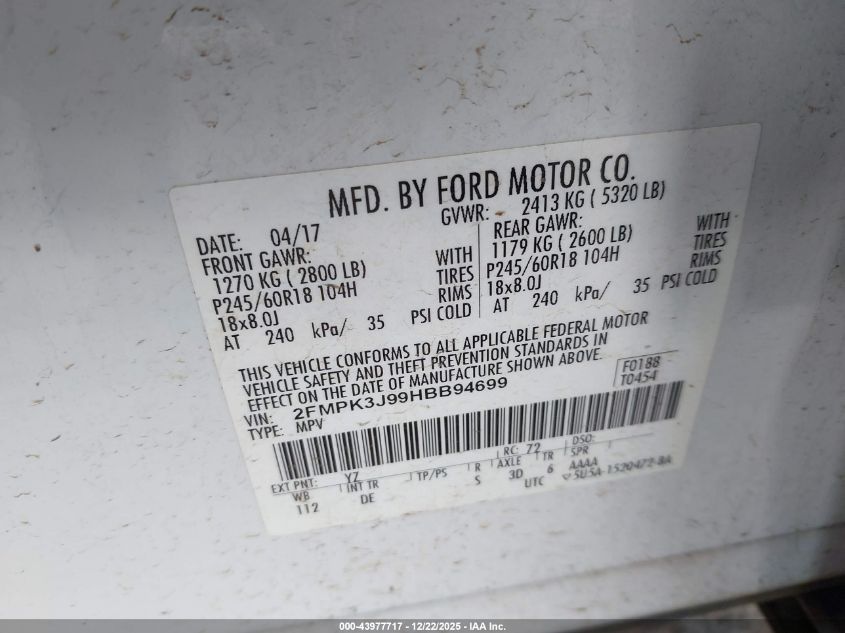 2017 Ford Edge Sel VIN: 2FMPK3J99HBB94699 Lot: 43977717