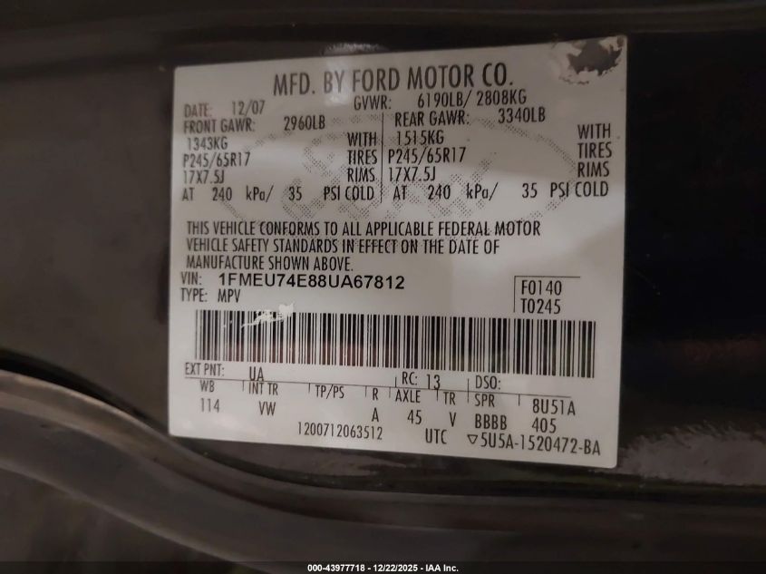 2008 Ford Explorer Eddie Bauer VIN: 1FMEU74E88UA67812 Lot: 43977718