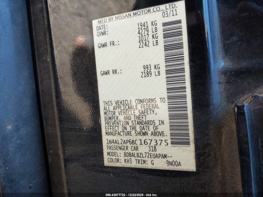 2011 Nissan Altima 2.5 S VIN: 1N4AL2AP6BC167375 Lot: 43977722