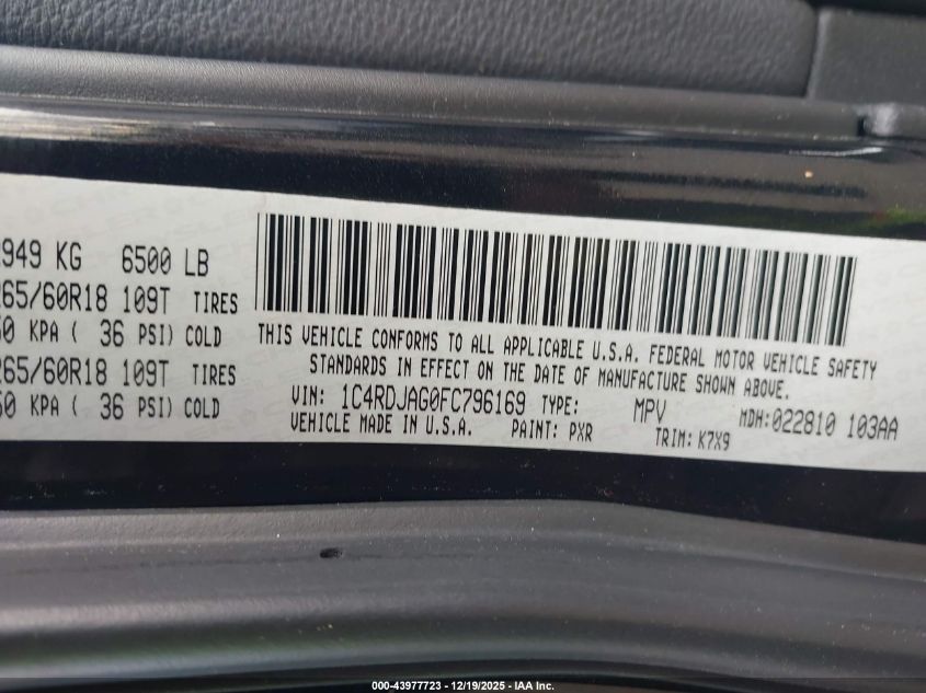 2015 Dodge Durango Sxt VIN: 1C4RDJAG0FC796169 Lot: 43977723