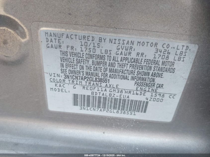 2016 Nissan Versa 1.6 Sv VIN: 3N1CN7AP2GL838551 Lot: 43977724