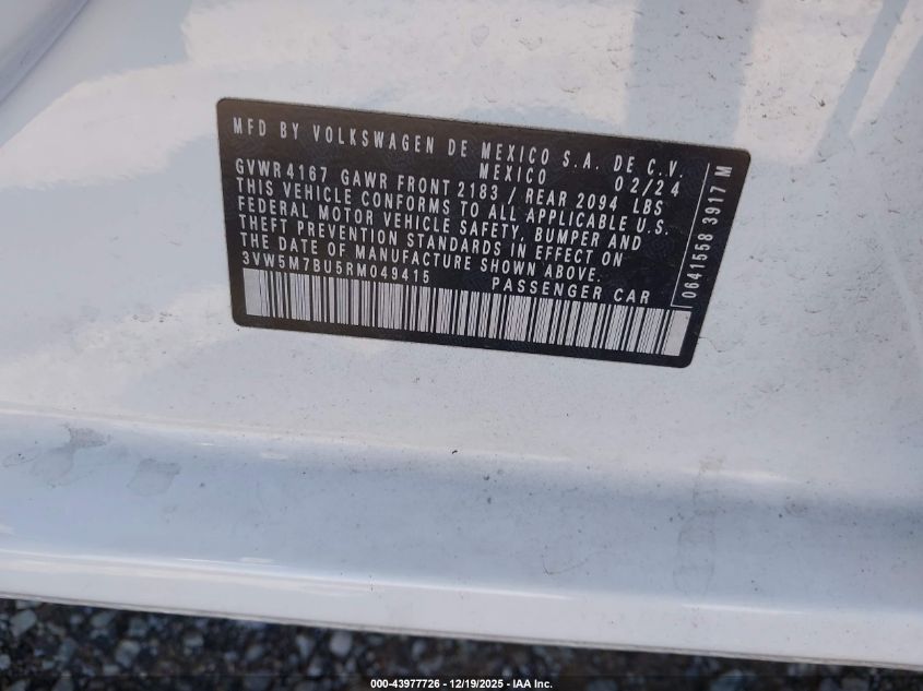 2024 Volkswagen Jetta 1.5T S VIN: 3VW5M7BU5RM049415 Lot: 43977726