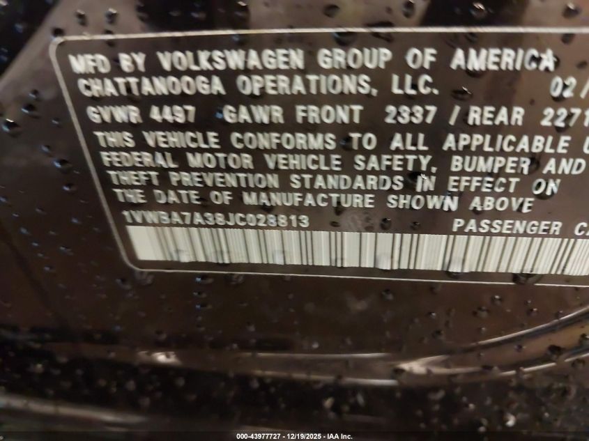 2018 Volkswagen Passat 2.0T Se VIN: 1VWBA7A38JC028813 Lot: 43977727