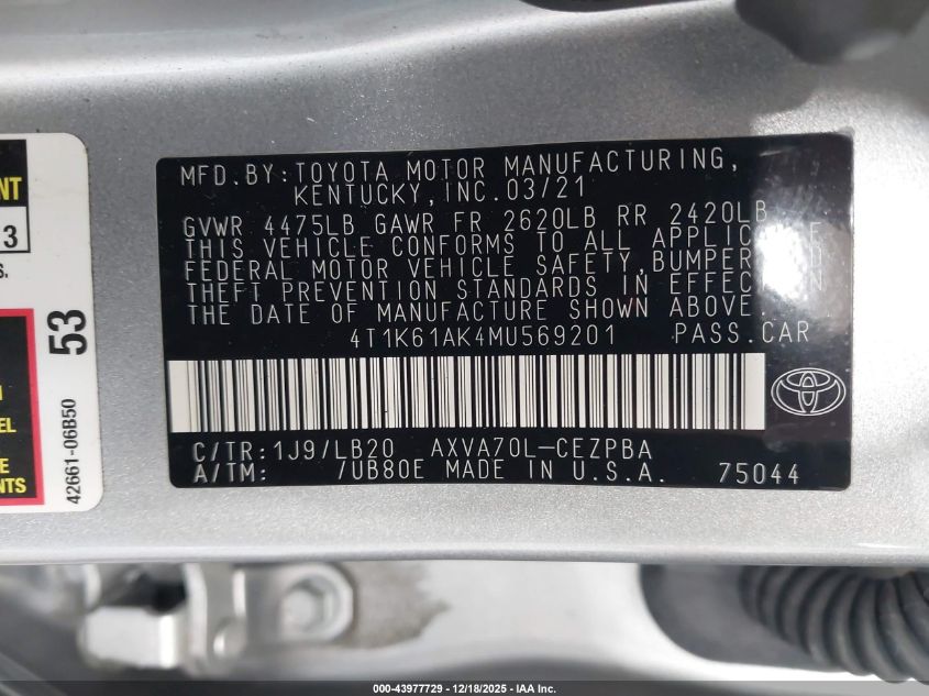 2021 Toyota Camry Xse VIN: 4T1K61AK4MU569201 Lot: 43977729