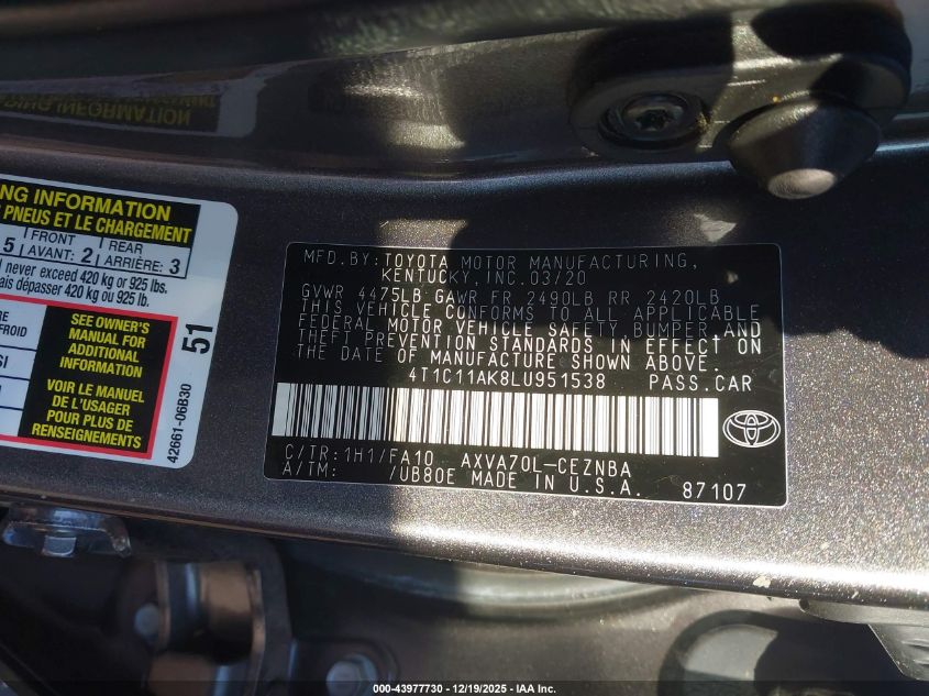 2020 Toyota Camry Le VIN: 4T1C11AK8LU951538 Lot: 43977730