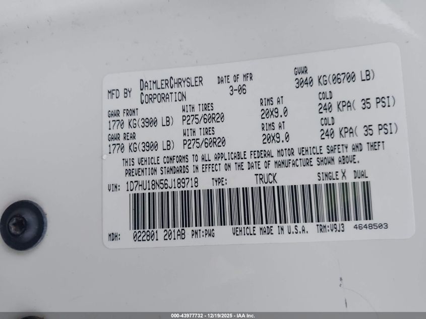 2006 Dodge Ram 1500 Slt/Trx4 Off Road/Sport VIN: 1D7HU18N56J189718 Lot: 43977732