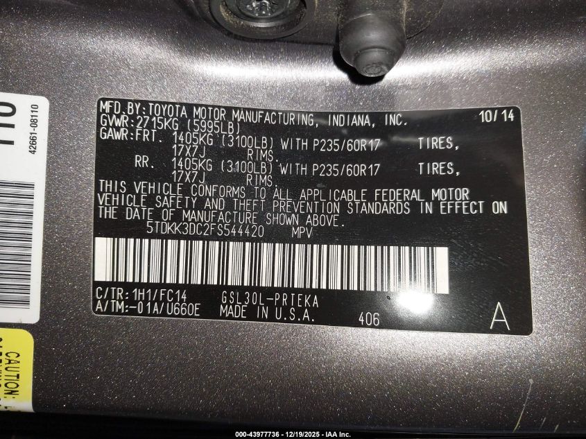 2015 Toyota Sienna Le 8 Passenger VIN: 5TDKK3DC2FS544420 Lot: 43977736