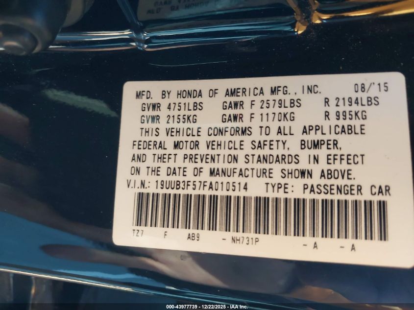 2015 Acura Tlx V6 Tech VIN: 19UUB3F57FA010514 Lot: 43977739