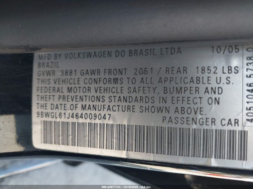 2006 Volkswagen Golf Gls 2.0L VIN: 9BWGL61J464009047 Lot: 43977741