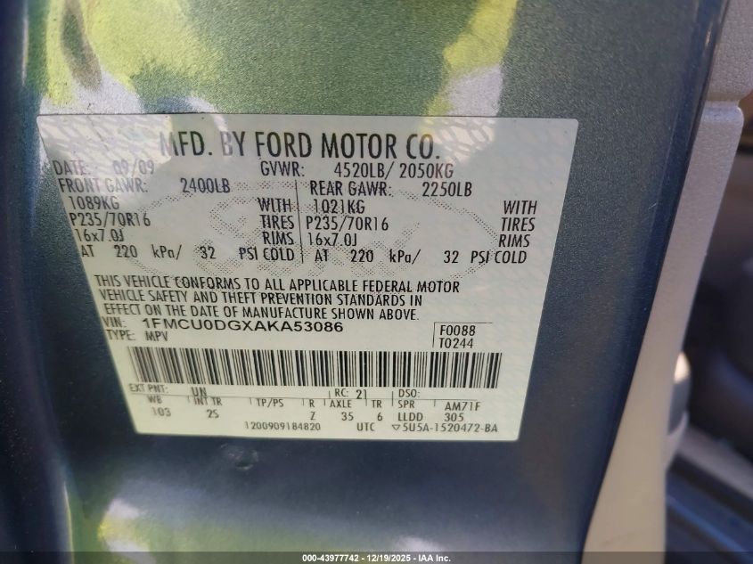 2010 Ford Escape Xlt VIN: 1FMCU0DGXAKA53086 Lot: 43977742