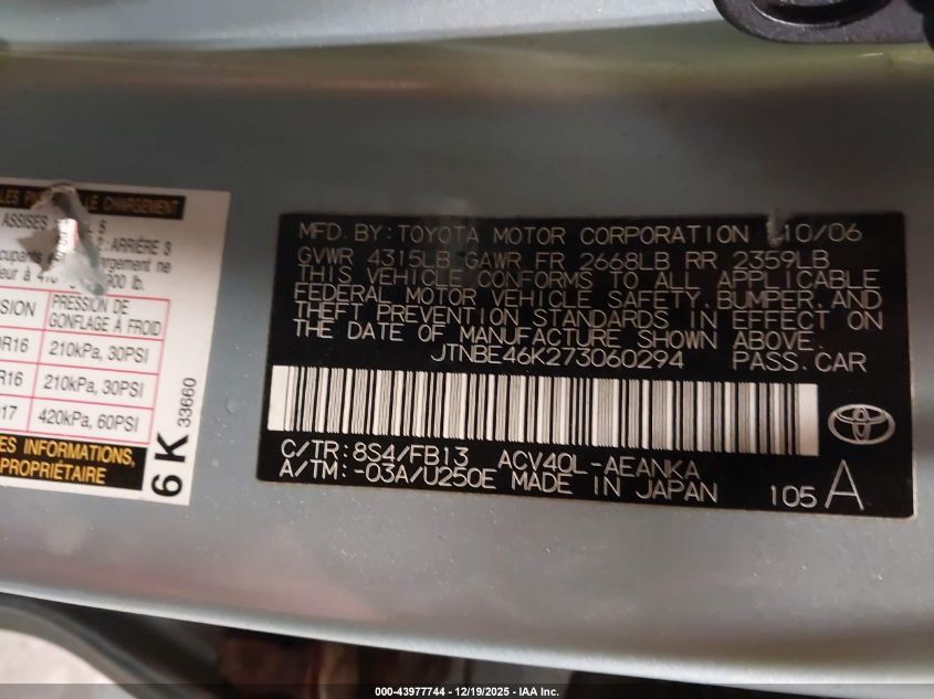 2007 Toyota Camry Le VIN: JTNBE46K273060294 Lot: 43977744