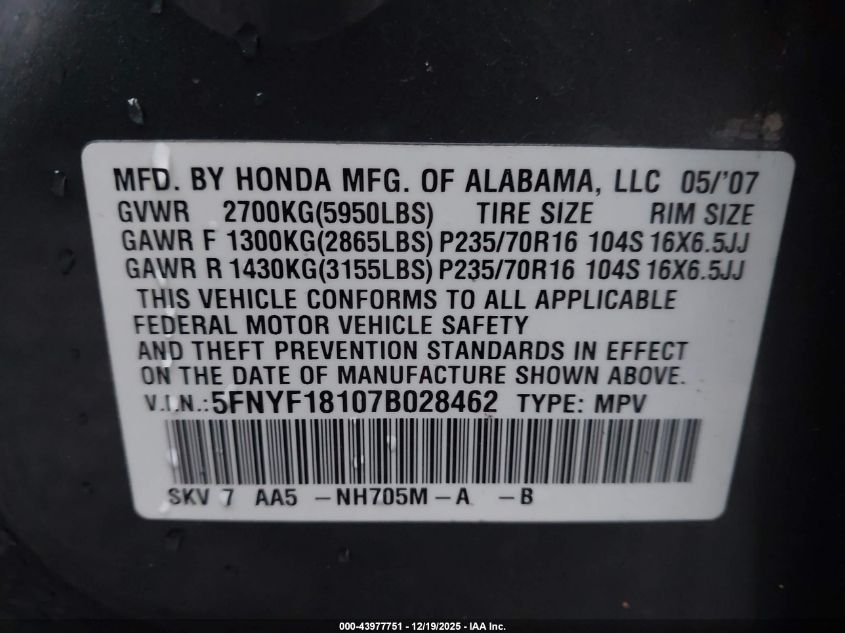 2007 Honda Pilot Lx VIN: 5FNYF18107B028462 Lot: 43977751