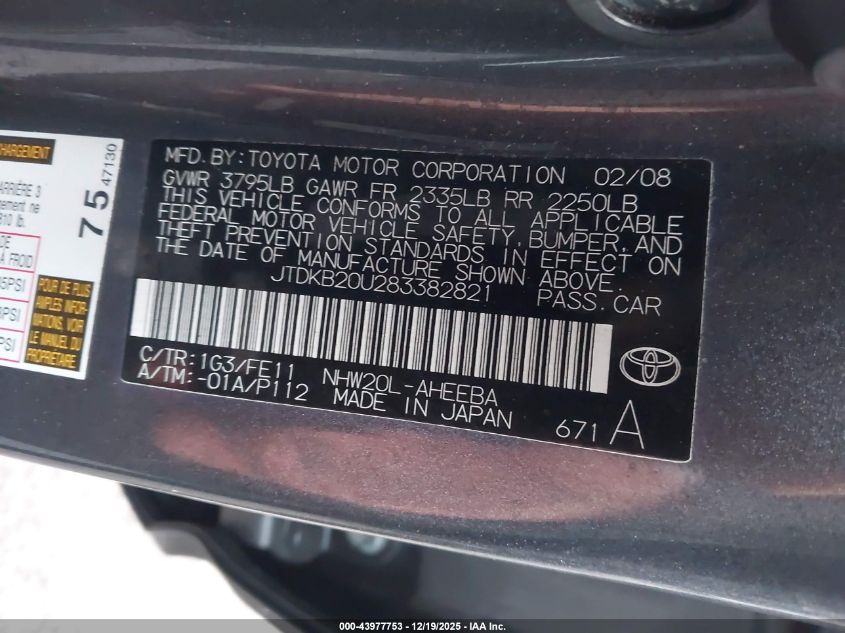 2008 Toyota Prius VIN: JTDKB20U283382821 Lot: 43977753