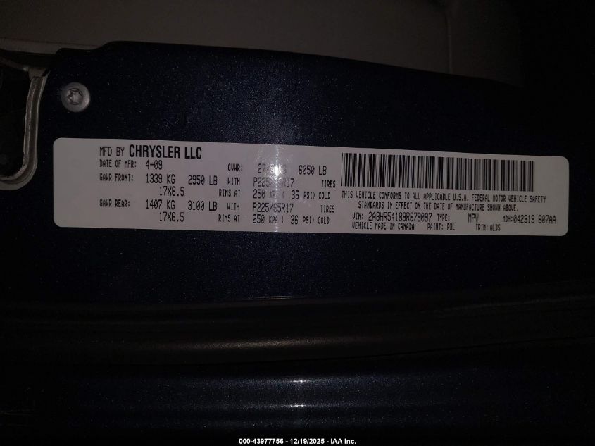 2009 Chrysler Town & Country Touring VIN: 2A8HR54189R679097 Lot: 43977756