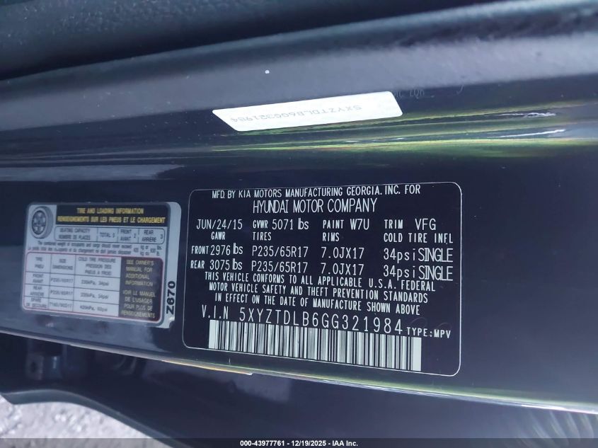 2016 Hyundai Santa Fe Sport 2.4L VIN: 5XYZTDLB6GG321984 Lot: 43977761
