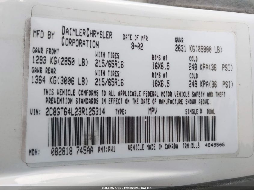 2003 Chrysler Town & Country Limited VIN: 2C8GT64L23R125314 Lot: 43977765