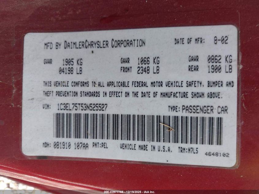 2003 Chrysler Sebring Gtc VIN: 1C3EL75T53N525527 Lot: 43977766