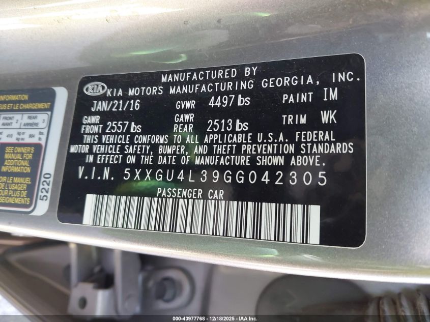 2016 Kia Optima Ex VIN: 5XXGU4L39GG042305 Lot: 43977768