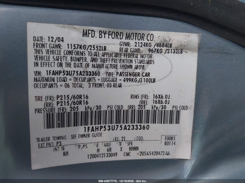 2005 Ford Taurus Se VIN: 1FAHP53U75A233360 Lot: 43977770