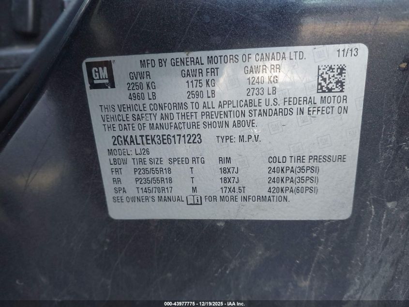 2014 GMC Terrain Slt-2 VIN: 2GKALTEK3E6171223 Lot: 43977775