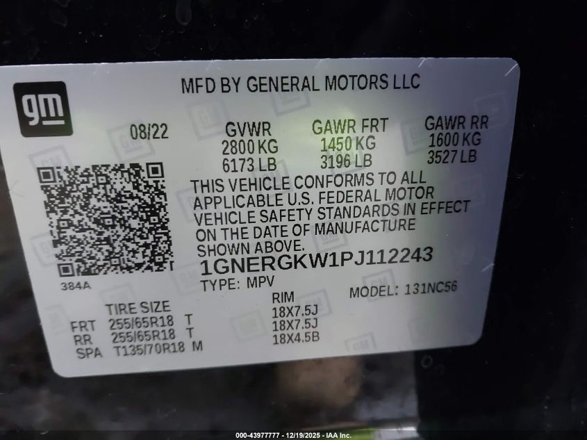 2023 Chevrolet Traverse Fwd Lt Cloth VIN: 1GNERGKW1PJ112243 Lot: 43977777