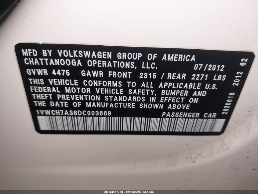 2013 Volkswagen Passat 2.5L Sel VIN: 1VWCH7A36DC003669 Lot: 43977778