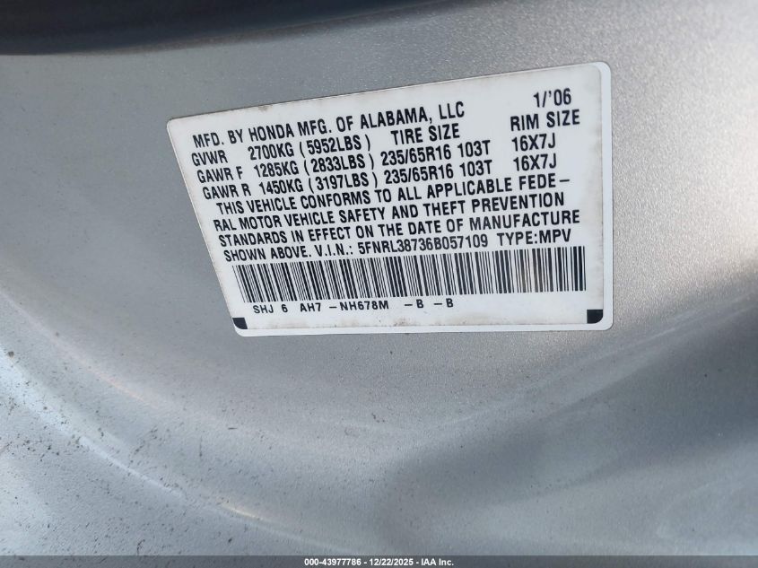 2006 Honda Odyssey Ex-L VIN: 5FNRL38736B057109 Lot: 43977786